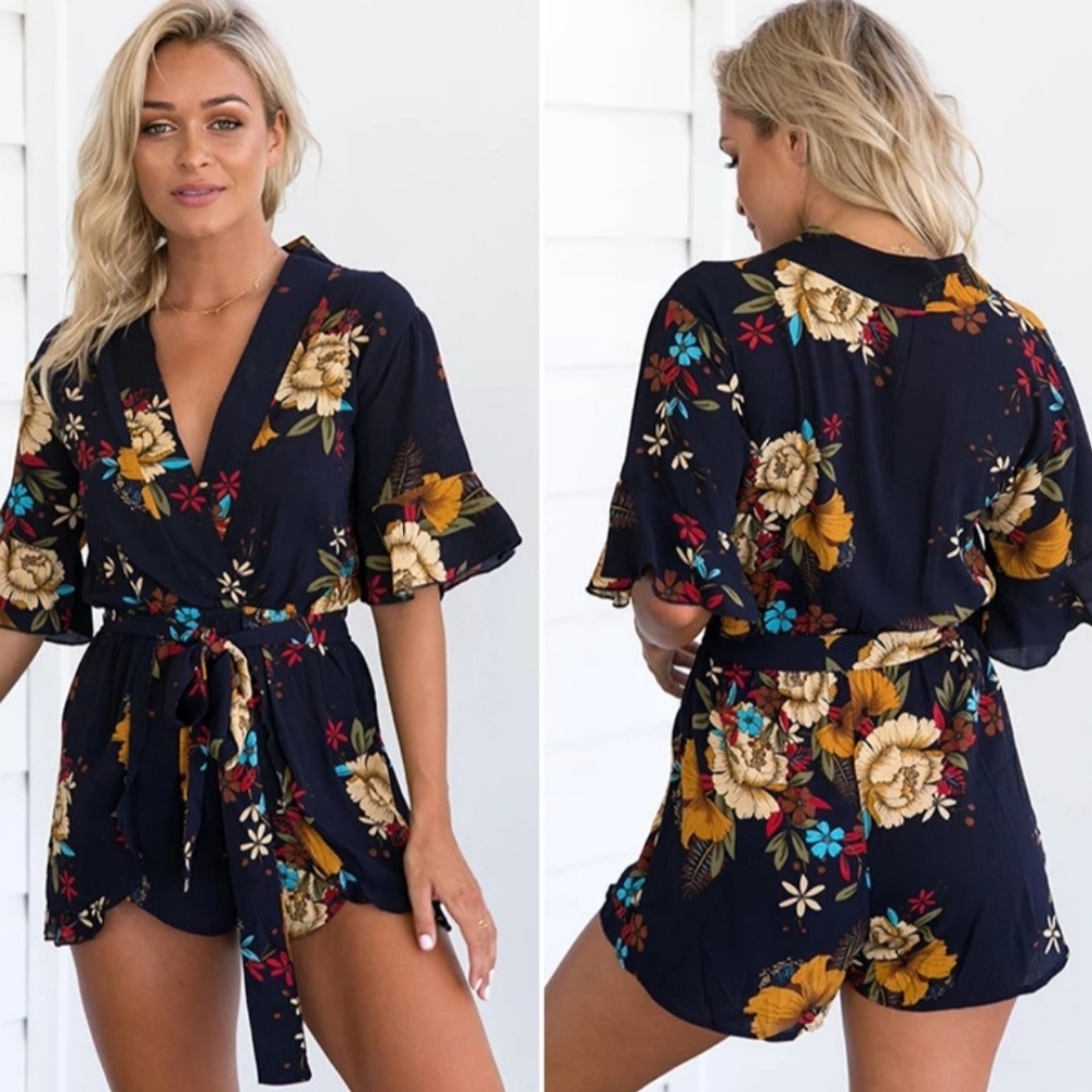 Floral flutter sleeve romper